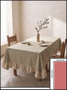 1pc Sage Green And White Small Checkered Patchwork Beige Ruffle Edge Tablecloth, Natural Vintage Style, Rectangular, Beige Ruffle Edge With Pleated Detail, Decorative And Functional, Suitable For Home Dining And French Country Home Decor - Green - View 22