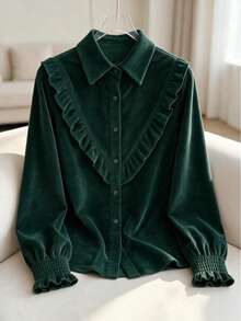 Women's Corduroy Solid Color Office & Home Shirt - Dark Green - View 8