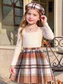 Young Girls Elegant Plaid Patchwork Long Sleeve Dress With Beret Hat - Apricot - View 1