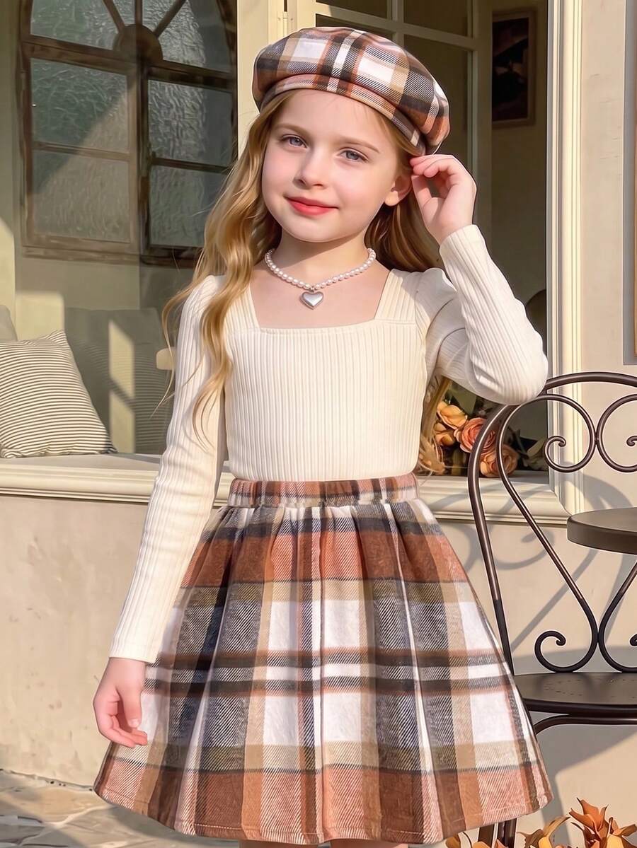Young Girls Elegant Plaid Patchwork Long Sleeve Dress With Beret Hat - Apricot - View 1