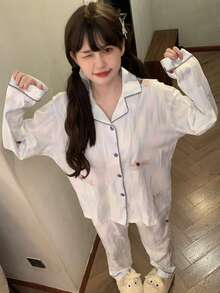 2pcs Women's Pajama Set, Cute Puppy Print Lapel Cardigan Fashion Long Sleeve Pants, Comfortable For Home Wear (Random Print) - Baby Blue - View 4