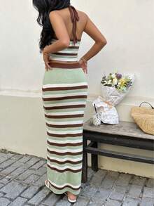 Sookaug Vintage Striped Sexy Women's Set, Fitted Colorblock Beach Cami, Women Ribbed Knit Two Pieces Set, Backless Cropped Top with Fitted Striped Maxi Skirt, Casual Sexy Outfit - MultiWarna - View 6