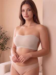 CELILIN Plus Size Women's Strapless Bandeau Bra, Wireless Crisscross Back Tube Top With Removable Pads For Backless Dresses & Daily Wear - Apricot - View 2