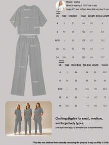 Women's 2 Pieces Casual Outfit, Comfortable Solid Color Short Sleeve Top Paired With Elastic Waist Pocket Pants, Soft Polyester-Spandex Fabric, Spring/Summer Elegant - Gray 1 - View 7