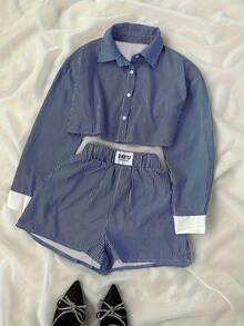Women's Preppy Striped 2 Pieces Set, Short Long Sleeve Shirt With Elastic Waist Shorts, Suitable For Summer Elegant - Blue and White - View 3