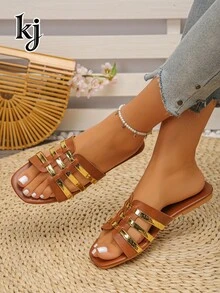 Women's Summer Hollow Metal Strap Flat Slip-On Square Toe Casual Outdoor Beach Sandals - Gold - View 2