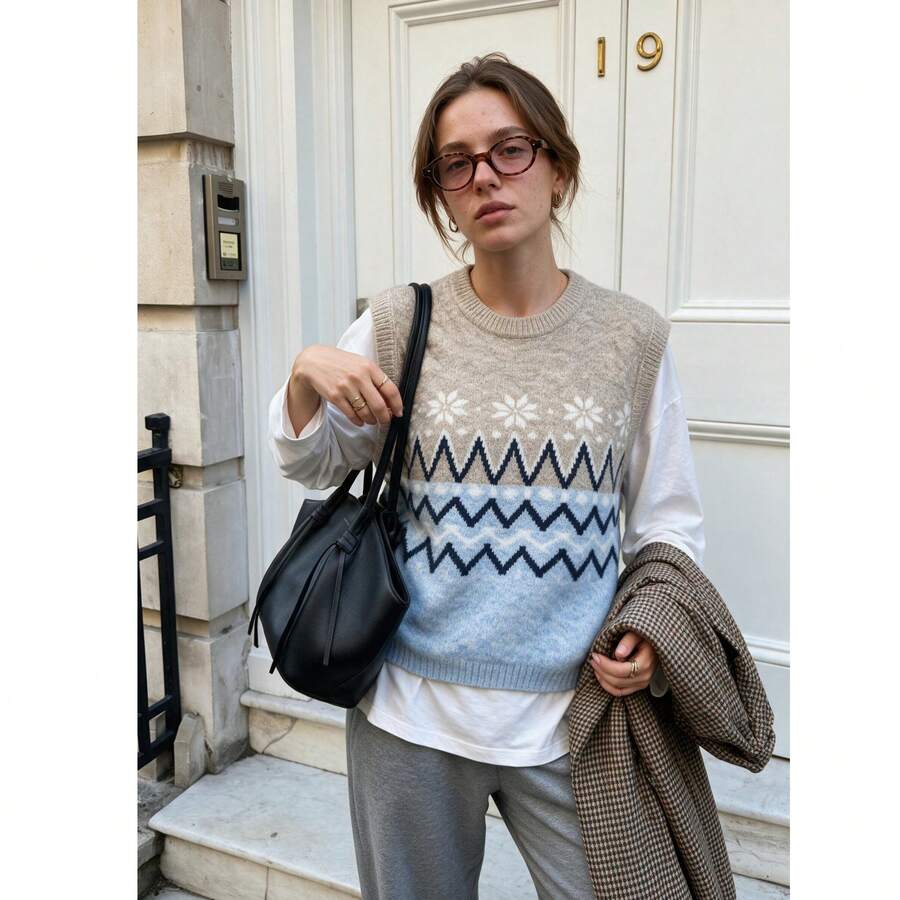 Women's Round Neck Pullover Colorblock Snowflake Wave Pattern Knit Vest, Vintage Nordic Style Fuzzy Sleeveless Vest - Blue - View 1