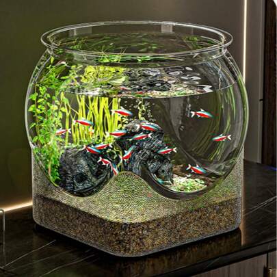 1pc Sturdy Transparent Round Fish Tank, Desktop Aquarium, Anti-Fall & Anti-Tip, Suitable For Turtles And Small Fish, Natural Stone Design, Versatile Indoor/Outdoor Decorative Fish Bowl