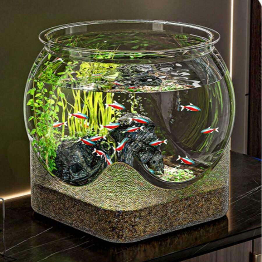 1pc Sturdy Transparent Round Fish Tank, Desktop Aquarium, Anti-Fall & Anti-Tip, Suitable For Turtles And Small Fish, Natural Stone Design, Versatile Indoor/Outdoor Decorative Fish Bowl - Multicolor - View 1