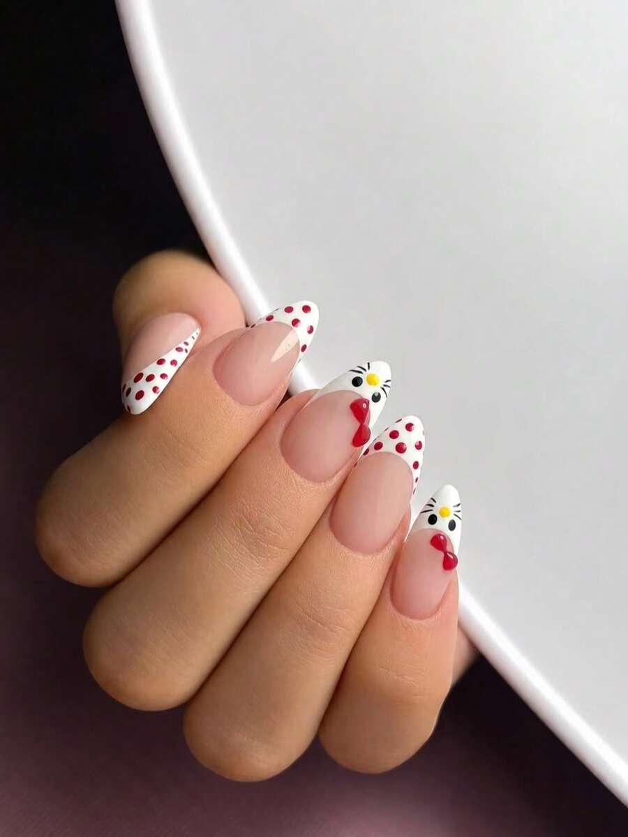 Sanrio Hello Kitty 24片 Y2K 杏仁形白色法式指尖美甲貼,可愛 Hello Kitty 3D 凝膠蝴蝶結與波點設計,完美貼合壓克力假指甲套組,含 1 片果凍膠與 1 把指甲锉,適合女孩日常與派對使用 - 彩色 - 查看 1