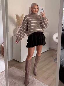Women's Fall: Fashionable Loose Striped Multicolor Ribbed Knit Long-Sleeve Top, Suitable For Everyday Wear And Back-To-School - Multicolor - View 6