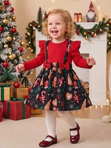 Baby Girls Christmas Ruffle Bow Snowman Candy Cane Heart Print 2 In 1 Dress - Black - View 2