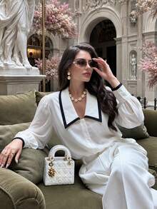 Women's Elegant Contrast Color Sailor Collar Long Sleeve Blouse, Loose Fit Button-Front Shirt, Quiet Luxury French Style White Summer - White - View 2