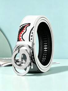47 Inch Men's PU Faux Leather Automatic Buckle Belt, Shark Mouth Graffiti Print Belt - Multicolor - View 8