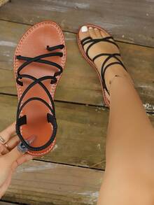 2026 New Round Toe Thin Strap Criss-Cross Elastic Back Slingback Flat Sandals - Black - View 3