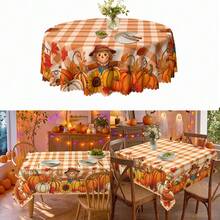 1pc Thanksgiving Pumpkin Maple Leaf Plaid Print Polyester Tablecloth, Suitable For Kitchen, Dining Room, Holiday, Party Table, Autumn/Winter Decoration - Multicolor - View 1