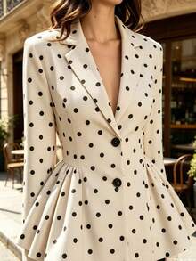 Women's Polka Dot Front Button Daily Lapel Neck Single-Breasted Ruffle Hem Blazer - Apricot - View 4