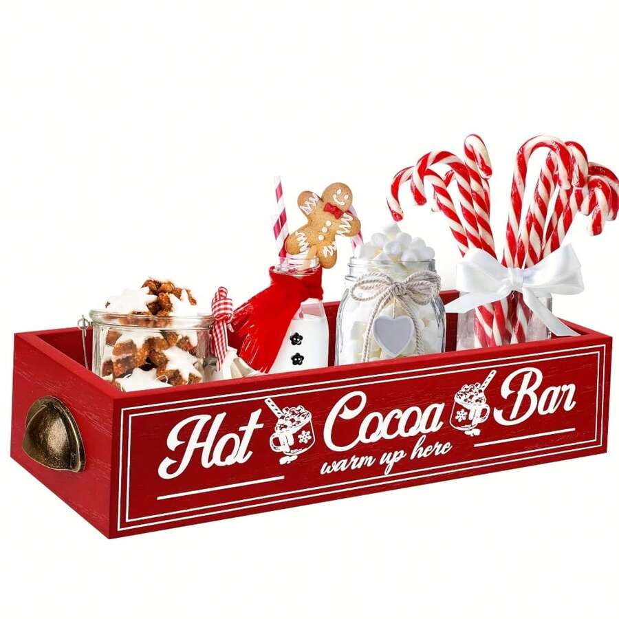 Rustic Red Wooden Charming Hot Cocoa Bar Storage Box, Christmas Decor, Suitable For Home And Office - Multicolor - View 1