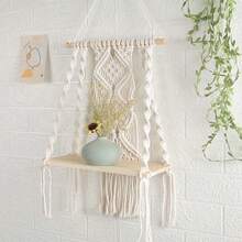 Prateleira de Armazenamento de Parede Tecida à Mão Estilo Boêmio, Estante de Livros, Prateleira de Exibição de Plantas em Vasos, Decoração de Parede de Armazenamento para Sala de Estar de Pousada - Bege de camada única - Visão 2