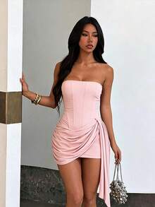 Summer Elegant Party Evening Dress, Women's Sexy Pleated Hem Design Beach Dress, Suitable For Vacation, Wedding, Festival, Date - Pink - View 2