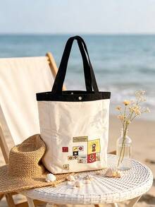 L'Occitane Cartoon Patch Canvas Tote Bag Snap Closure Cotton Shoulder Bag Large Capacity Beach & Daily Shopping Handbag Ladies Gift Bag LOCCITANE-GIFT-72 - White + Black - View 1