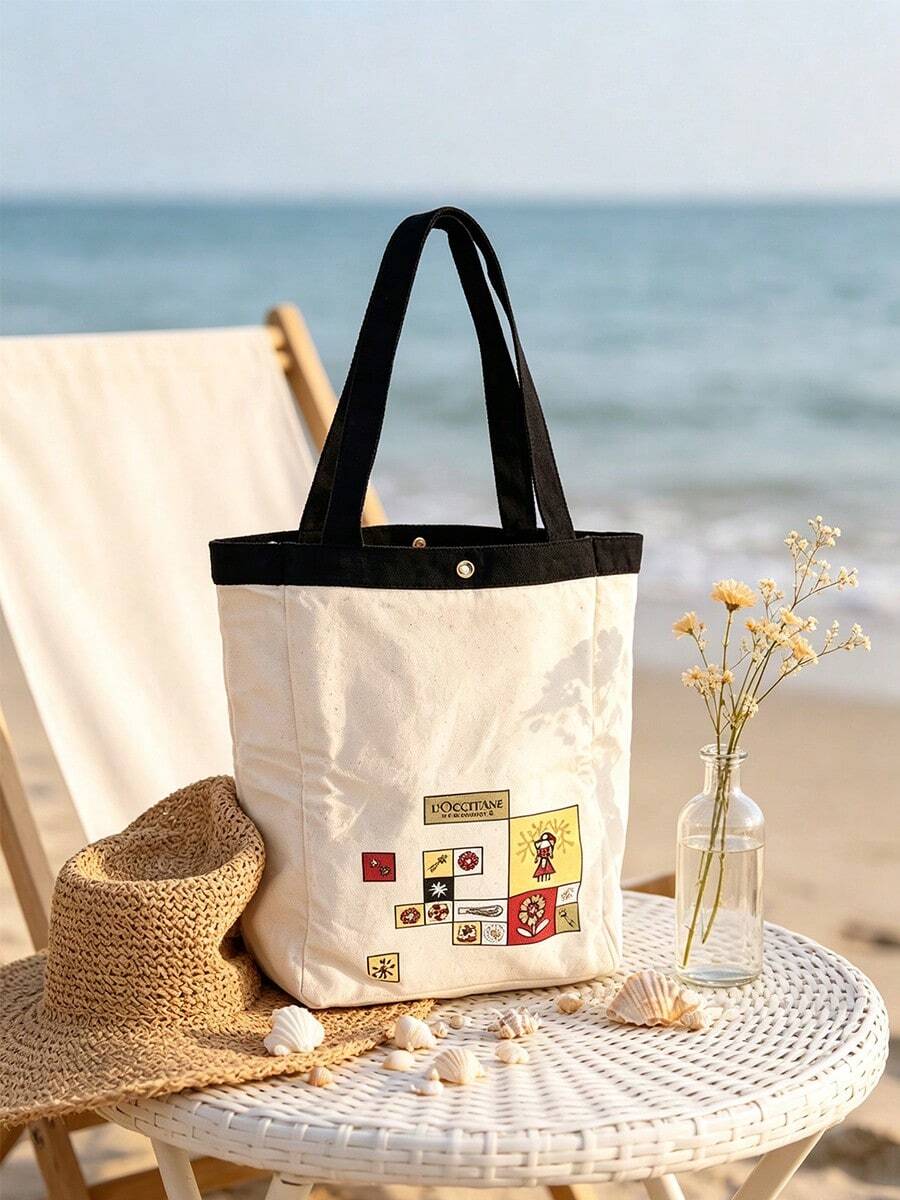 L'Occitane Cartoon Patch Canvas Tote Bag Snap Closure Cotton Shoulder Bag Large Capacity Beach & Daily Shopping Handbag Ladies Gift Bag LOCCITANE-GIFT-72 - White + Black - View 1