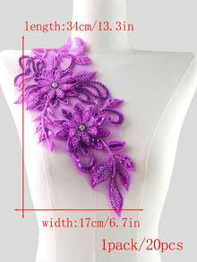 彩色3D刺繡貼花附珠飾與水鑽，婚紗配件，網紗蕾絲DIY表演服裝刺繡補丁，長度：31CM/寬度：16CM - 淡紫色 - 查看 9