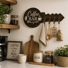 Home Coffee Bar Key Holder Wall Decor Self-Adhesive Wooden Key Rack 4 Hooks Kitchen Entryway Rustic Storage Organizer For Coffee Station Mudroom Home Accent Decor Coffee Lover Gift - Camel - View 2