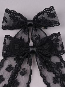 2 Pcs Black Lace Bow Hair Clips, Long Ribbon Floral Mesh Hair Bows Barrettes, Vintage Coquette Hair Accessories For Women Girls - Black - View 2