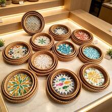 Handmade Woven Rattan Decorative Plate, Diameter 5.51 Inches, Height 0.984 Inches, Colorful Shell Decorative Plate, Home Rattan Decorative Plate - Multicolor - View 8