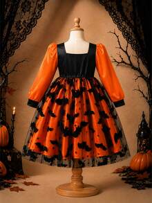 Girls' Autumn/Winter Halloween Bat Flocked Print Mesh Square Neck Puff Long Sleeve Dress, Suitable For Daily Casual, Holiday Party, Outings And Atmospheric Outfit - Orange - View 3
