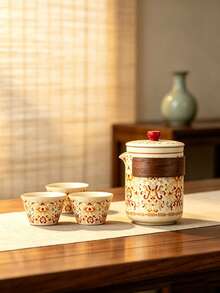 1 Set Perlengkapan Teh Keramik Portabel untuk Perjalanan, Teko Teh Gaya Cina Motif Bunga Klasik dengan 3 Cangkir Teh, Termasuk Tas Penyimpanan Tahan Air dengan Resleting, Perlengkapan Teh Seduh Cepat dengan Isolasi Panas, Peralatan Minum Serbaguna, Cocok untuk Berkemah, Rumah, Kantor, Hadiah Liburan - MultiWarna - View 8