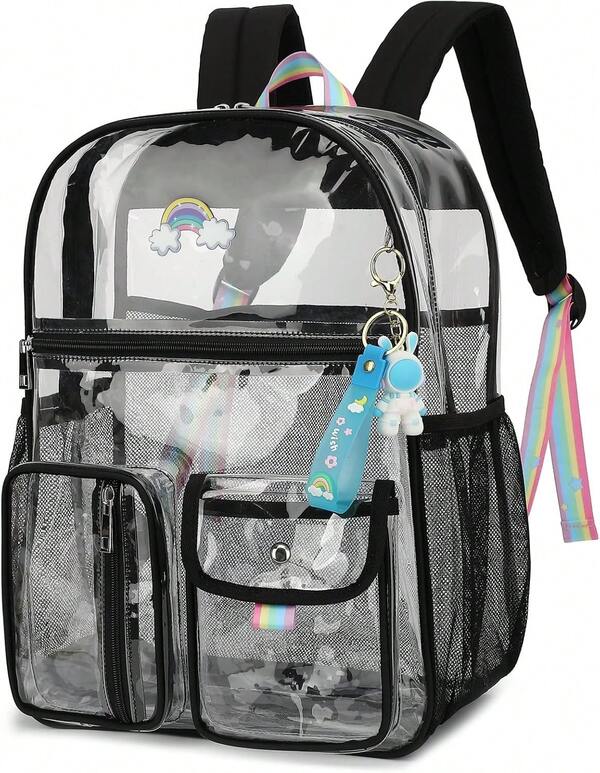 Heavy Duty Clear PVC Backpack For School, Stadium, And Concerts - Durable See-Through Daypack (Black)