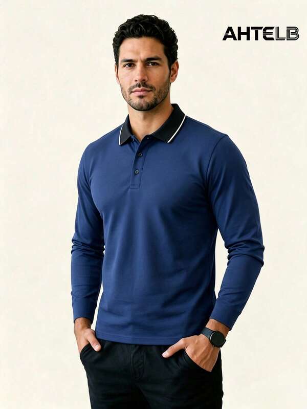 AHTELB Men's Spring/Autumn Thin POLO Shirt, Ice Silk High-Quality Collared Long Sleeve T-Shirt, Slightly Transparent, Cool Outdoor Golf Polo Sports