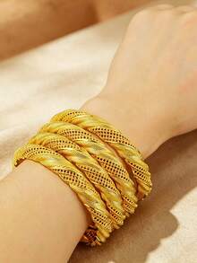 Gelang Motif Daun Berongga untuk Wanita, Gelang Manset Mewah Dubai Arab yang Dapat Ditumpuk, Perhiasan Retro Terbuka untuk Pesta Pernikahan, Set Gelang Tumpuk untuk Penggunaan Sehari-hari - Yellow Gold - View 3
