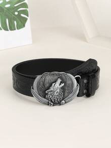 1pc Black Wolf King Belt, PU Material, Durable And Wear-Resistant, Suitable For Daily Wear - Black - View 2