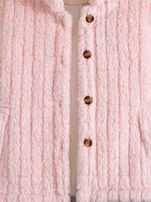 Girls' Casual Fashion Solid Color Vertical Stripe Stand Collar Single-Breasted Design Fleece Lined Thickened Jacket, Versatile For Autumn/Winter - Pink - View 5
