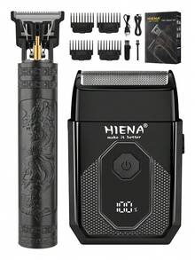 HIENA 電動刮鬍刀套組，往復式刮鬍刀，時尚黑色設計，適用於刮鬍、修剪鬢角、造型修剪，配備 4 個限位梳和清潔刷，男士理容套組 - 黑色 - 查看 1