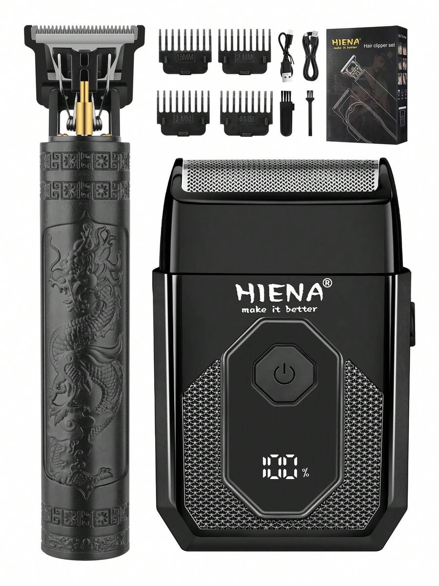 HIENA 電動刮鬍刀套組,往復式刮鬍刀,時尚黑色設計,適用於刮鬍、修剪鬢角、造型修剪,配備 4 個限位梳和清潔刷,男士理容套組 - 黑色 - 查看 1