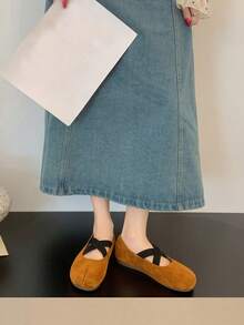 Zapatos Mary Jane de mujer de unicolor estilo preppy con correa cruzada y vamp bajo, punta redonda, zapatos casuales de oficina, para uso diario en todas las estaciones, suela blanda, sin cordones, ligeros, transpirables, cómodos y planos - Naranja Quemada - Ver 6