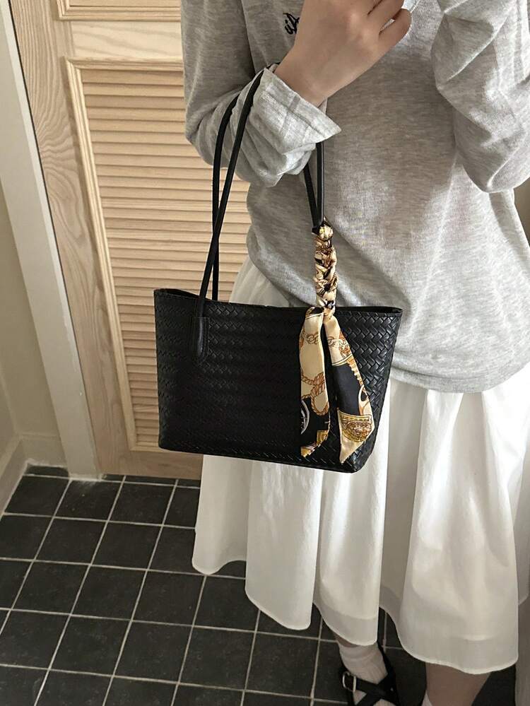 2pcs Fashion Woven Texture Scarf Decor Tote Bag, Mini Handbag, Shoulder Bag, Suitable For Women Shopping, Commuting, Travel And Daily Use - Black - View 5