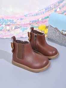 Baby Sweet Bow Black Boots, Soft PU Leather Non-Slip Ankle Boots, Girls Daily Versatile Princess Boots - Brown - View 3