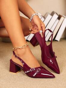 Women's Elegant Chunky Heel Banquet Shoes, Wedding Shoes For Brides, Suitable For Cheongsam And Formal Dresses, All-Season Bridal Shoes, Fashion Bridesmaid Shoes, Mid-Heel Low Vamp Pointed-Toe High Heel Pumps - Burgundy - View 3