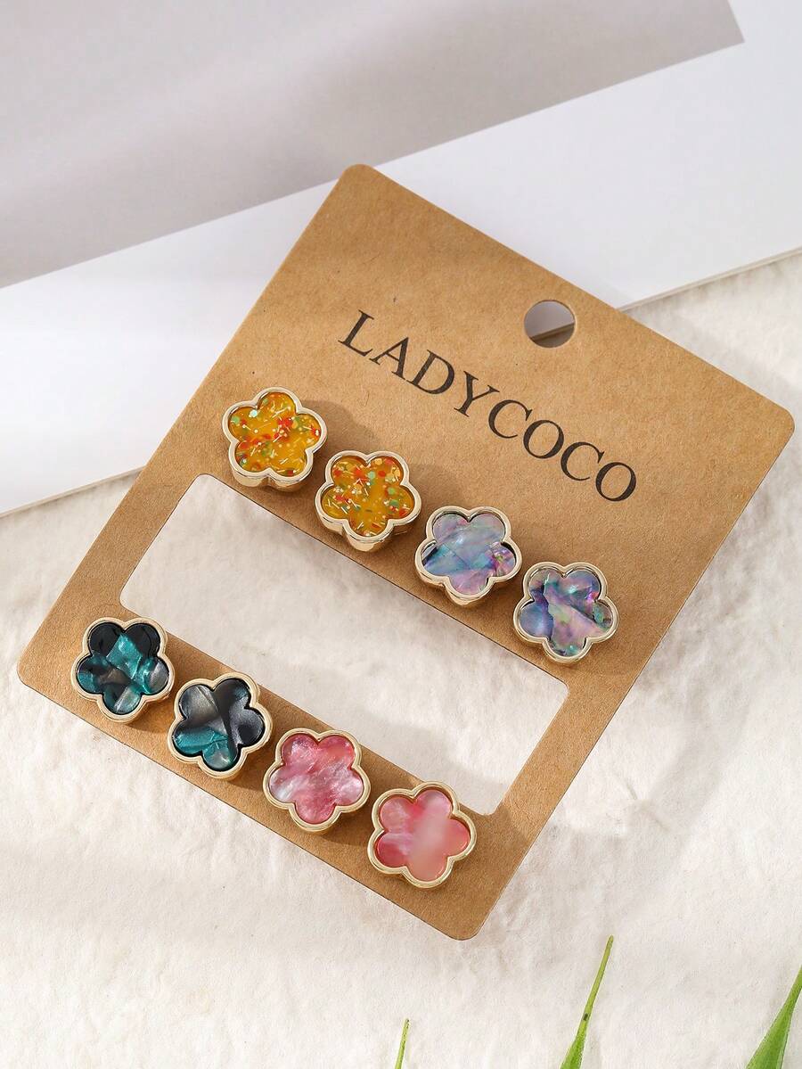 LADYCOCO 4對時尚奢華幸運四葉草女款耳環套組，適合日常百搭耳釘