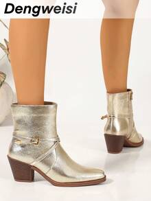 Women's Gold Strap Buckle Side Zipper Chunky Heel Square Toe Comfortable Versatile Office Commute Daily Vacation Spring Autumn Fashion Ankle Boots - Gold - View 6