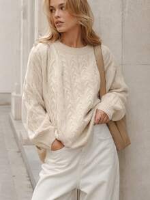 2026 Autumn/Winter Women's European & American Casual Vintage Knit Round Neck Cable Pattern Solid Color Sweater - Apricot - View 2