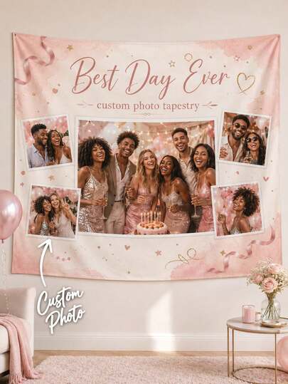 Tapiz de fotos personalizado para fiesta de cumpleaños con imágenes personalizadas, mejor día de todos collage rosa colgante de pared, fondo de poliéster para celebración romántica para amigos, aniversario, dormitorio, sala de estar, decoración de fiesta y regalo memorable