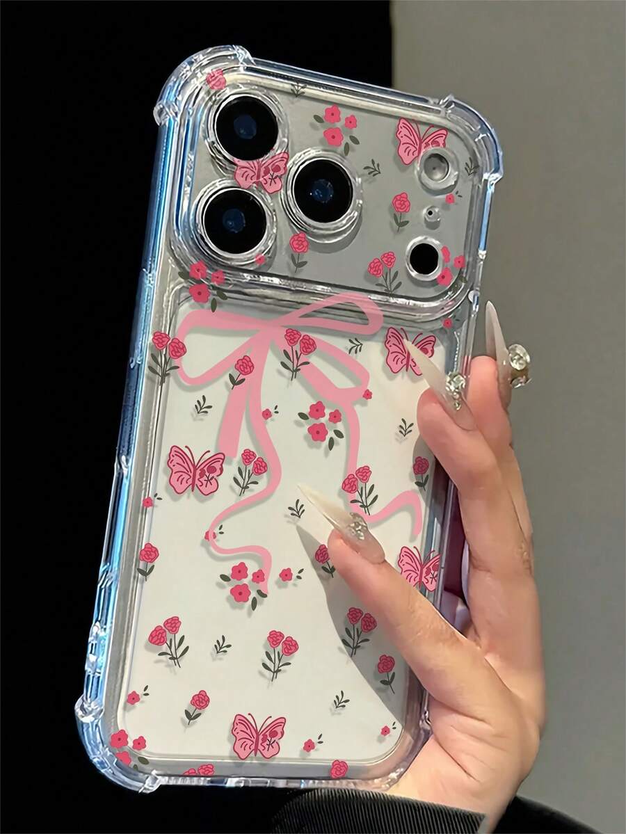 Fashion Floral Pattern Cute Transparent Shockproof Phone Case, Bow Design, Simple Spring Versatile, Suitable For Daily Use, Raised Edge Anti-Scratch Protective Cover, Compatible With IPhone17/17Pro/17ProMax/16/16Pro/16ProMax/15/15Pro/15ProMax/14/13/12/11 - Pink - View 1