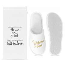 White Plush Welcome Home Slippers (Welcome Home Gold Embroidery + Matching Key House Pattern Storage Bag) Closed Toe Slippers Flat Sole Cozy Home Style All Season Indoor Slippers - All-inclusive Welcome Home Gold - View 4