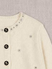 JIANHU White Faux Pearl Decorated Knit Cardigan - Autumn/Winter Cardigan, Adorned With Crystal Buttons And Exquisite Details. Fall - White - View 7